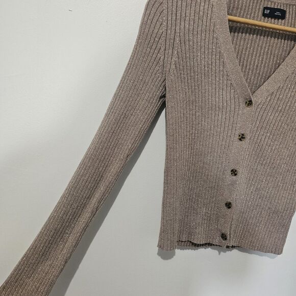 Gap - Sweater Cardigan Buuton Up V Neck Shimmer Knit - Size S - Brown Gold - Picture 6 of 9